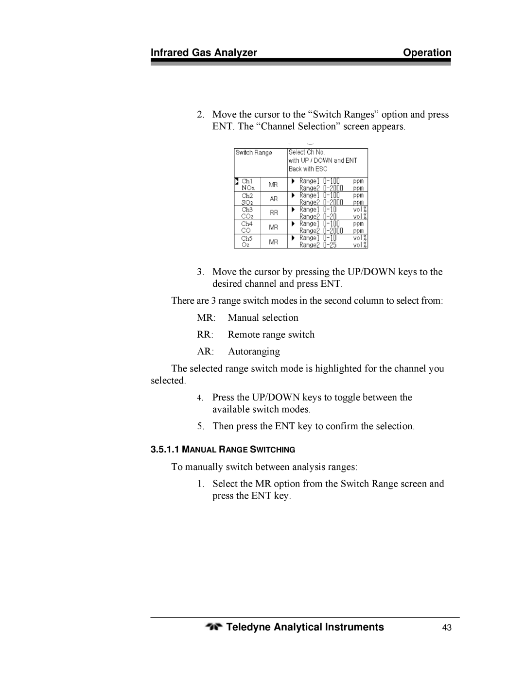 Teledyne 7600 operating instructions Manual Range Switching 