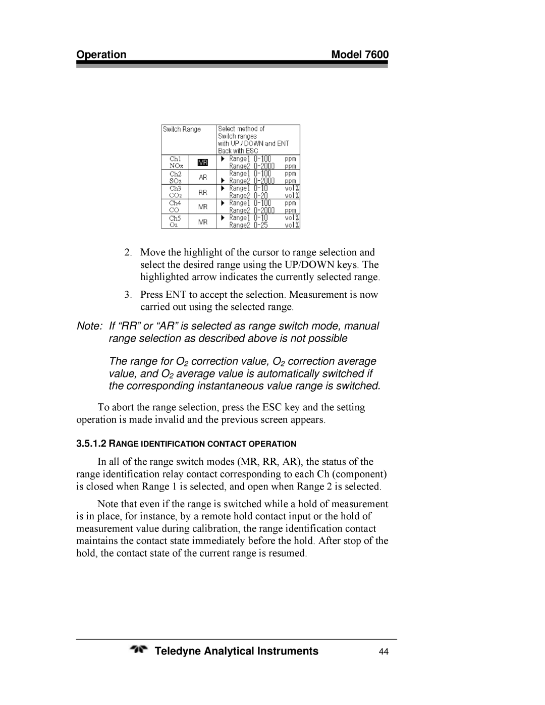 Teledyne 7600 operating instructions Range Identification Contact Operation 