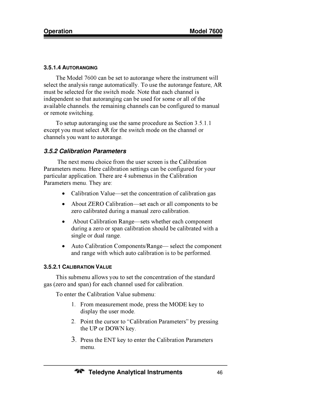 Teledyne 7600 operating instructions Calibration Parameters 