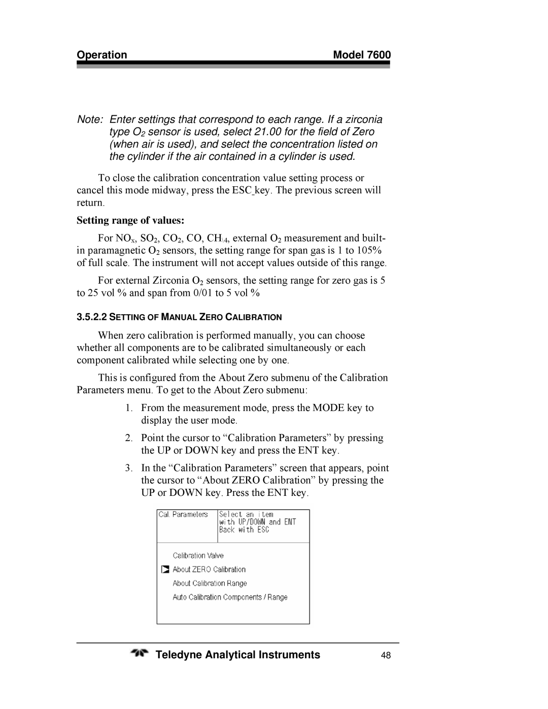 Teledyne 7600 operating instructions Setting range of values 