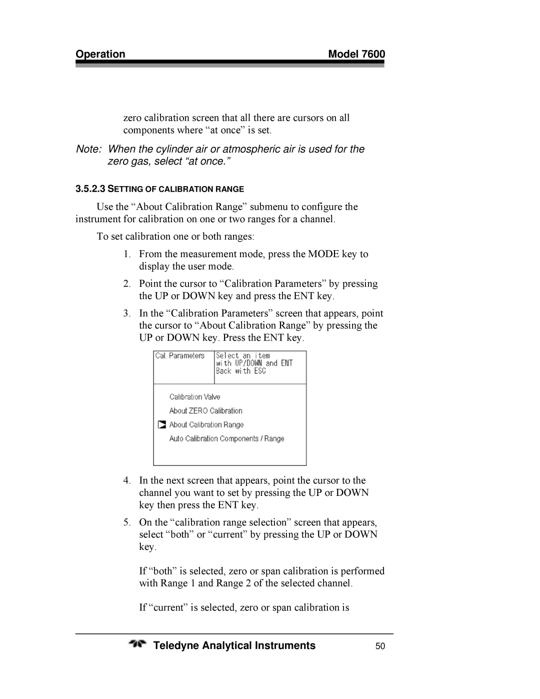 Teledyne 7600 operating instructions Setting of Calibration Range 