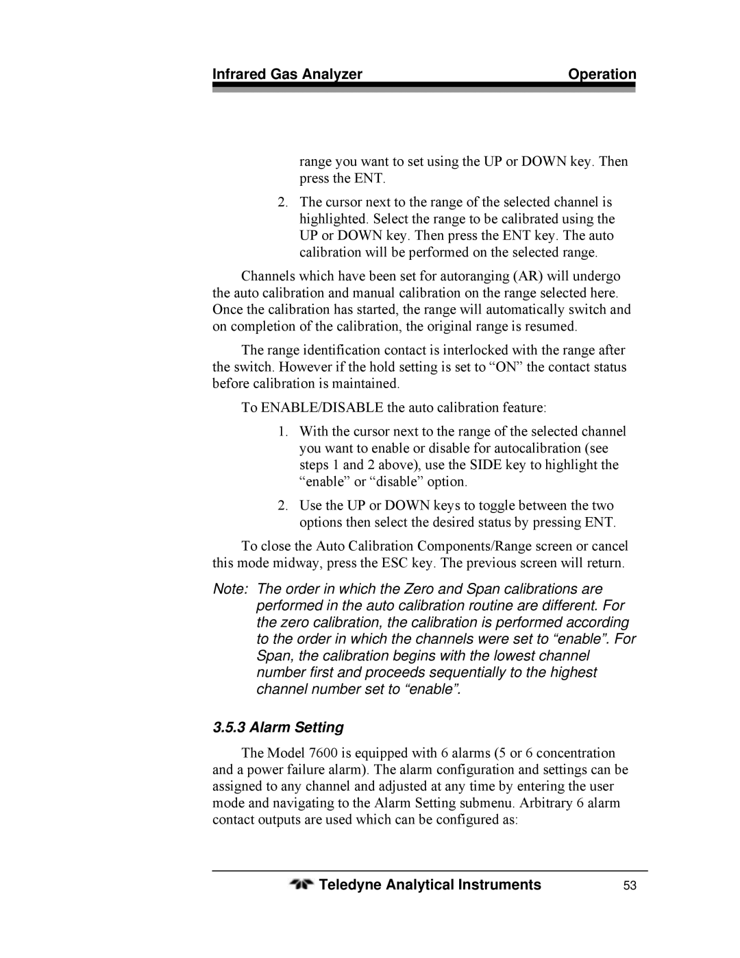 Teledyne 7600 operating instructions Alarm Setting 