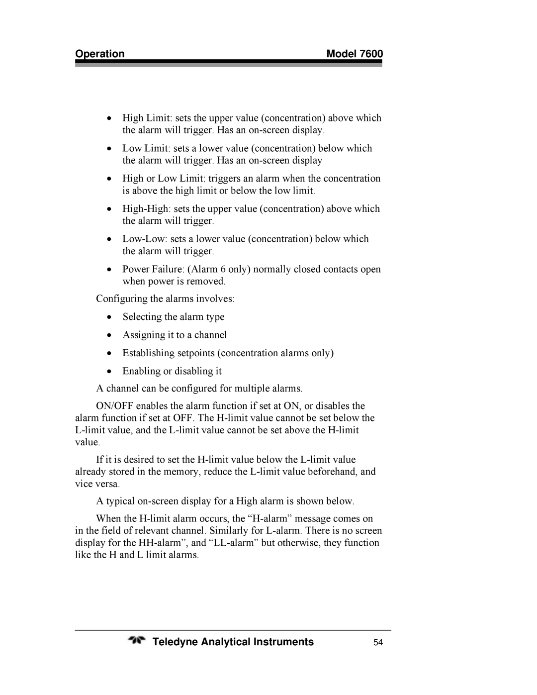 Teledyne 7600 operating instructions Operation Model 