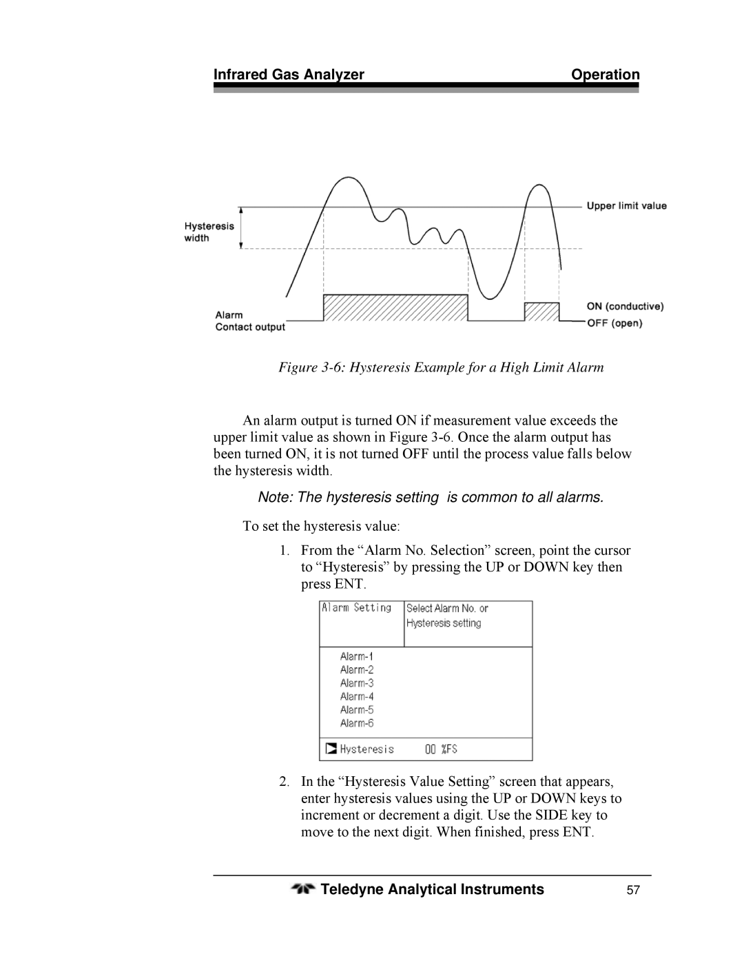 Teledyne 7600 operating instructions Hysteresis Example for a High Limit Alarm 