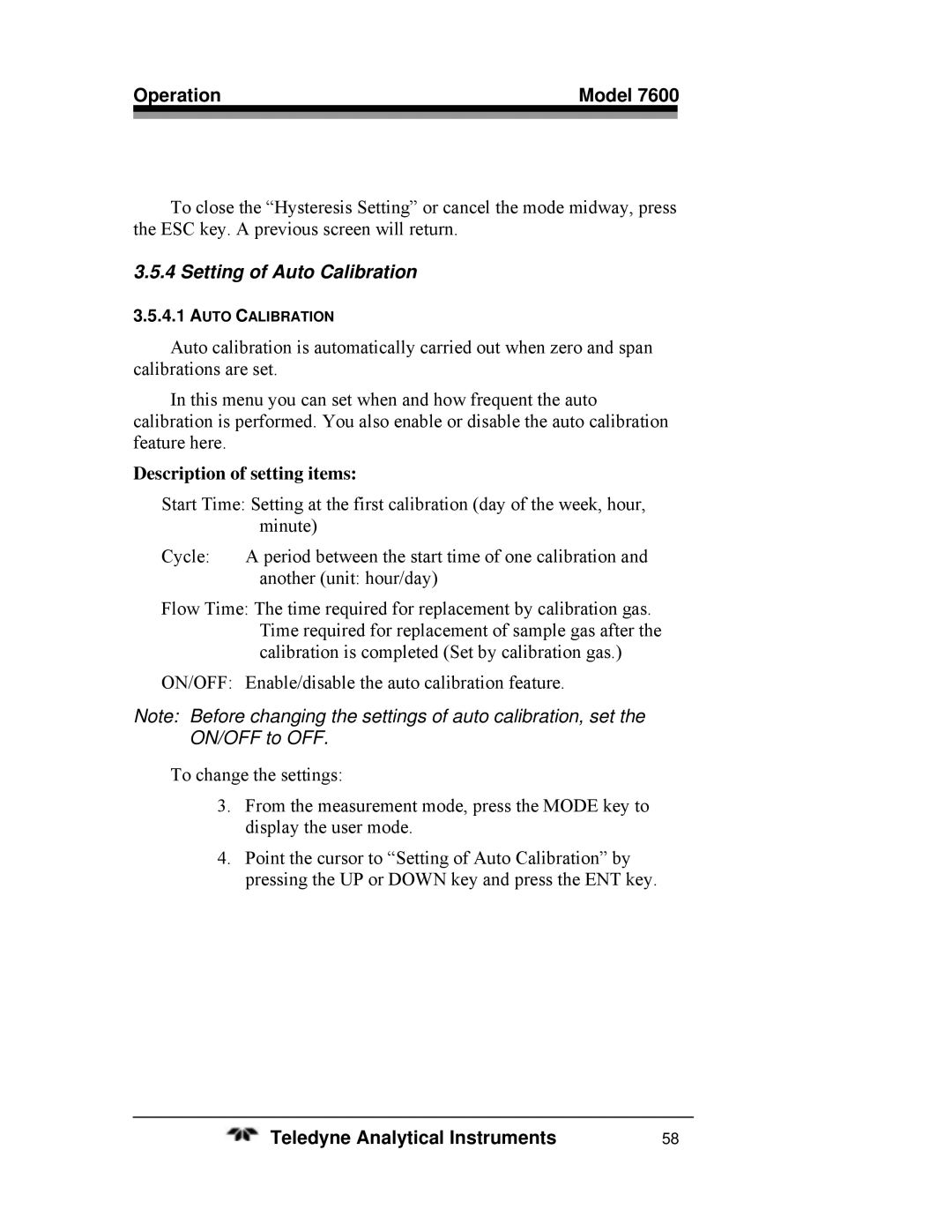 Teledyne 7600 operating instructions Setting of Auto Calibration, Description of setting items 