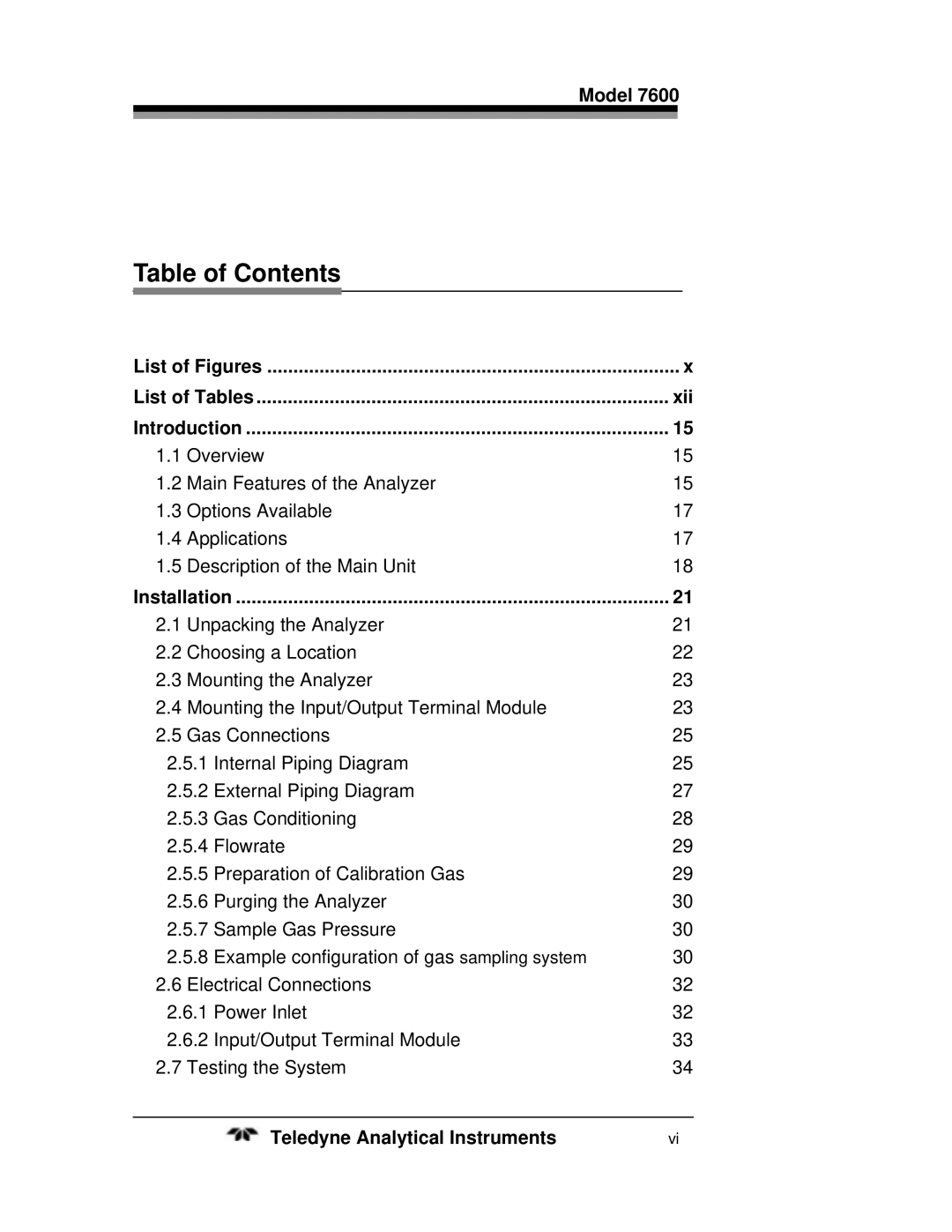 Teledyne 7600 operating instructions Table of Contents 