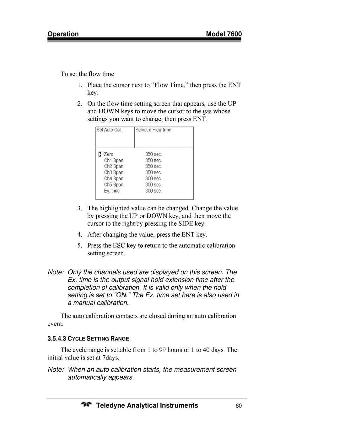 Teledyne 7600 operating instructions Cycle Setting Range 