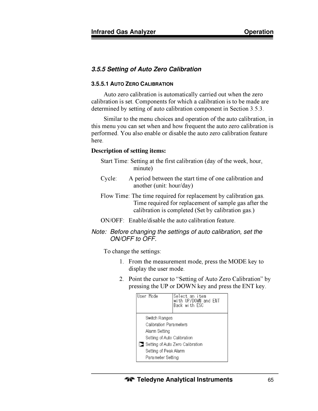 Teledyne 7600 operating instructions Setting of Auto Zero Calibration, Description of setting items 