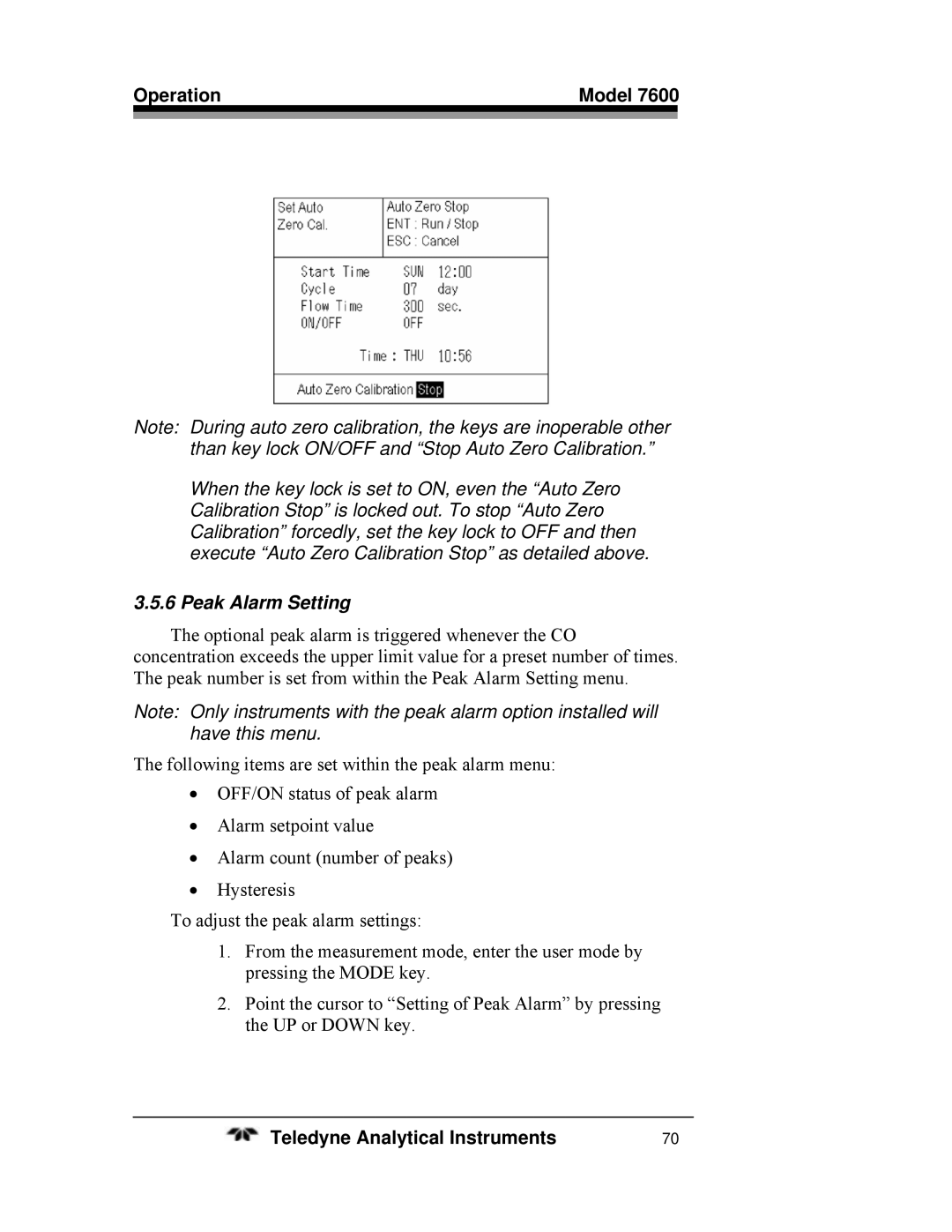 Teledyne 7600 operating instructions Peak Alarm Setting 