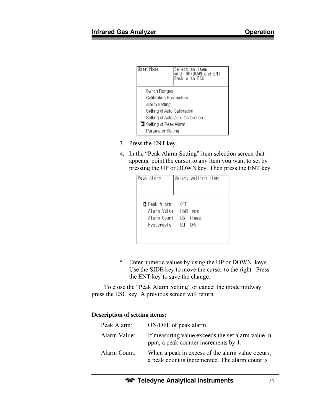 Teledyne 7600 operating instructions Description of setting items 