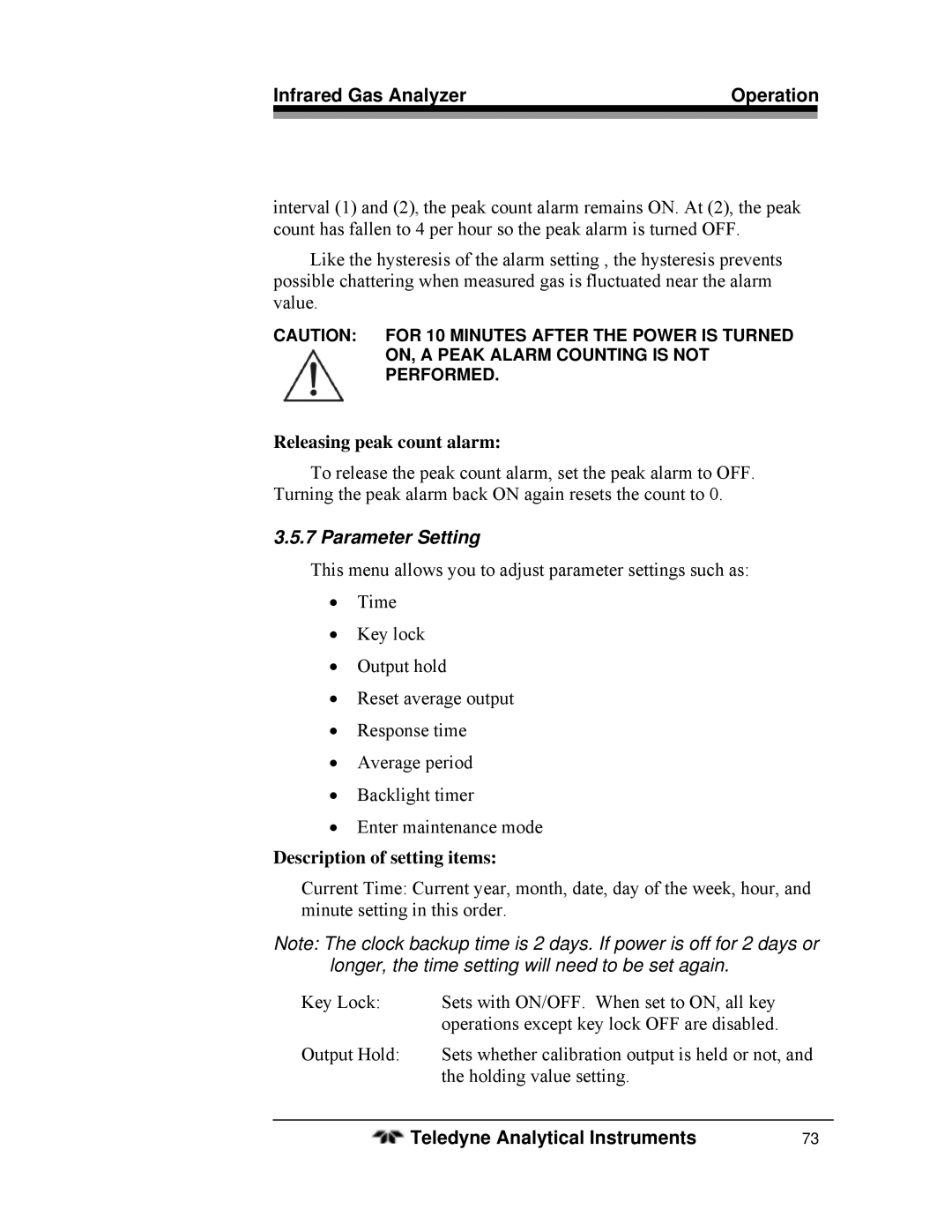 Teledyne 7600 operating instructions Releasing peak count alarm, Parameter Setting 
