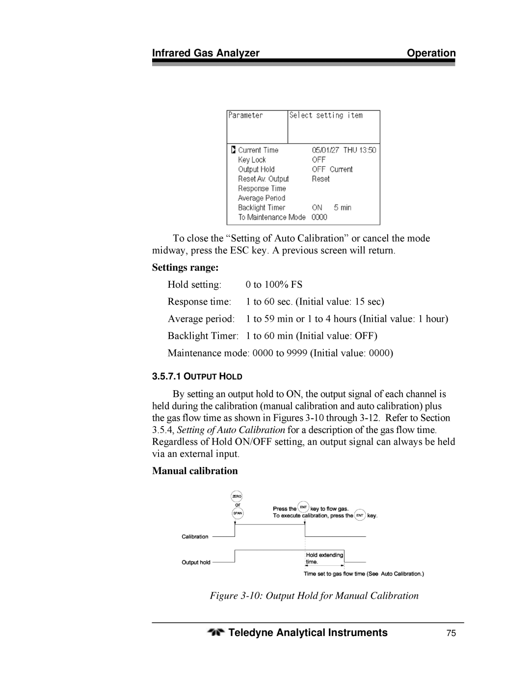 Teledyne 7600 operating instructions Settings range, Manual calibration 