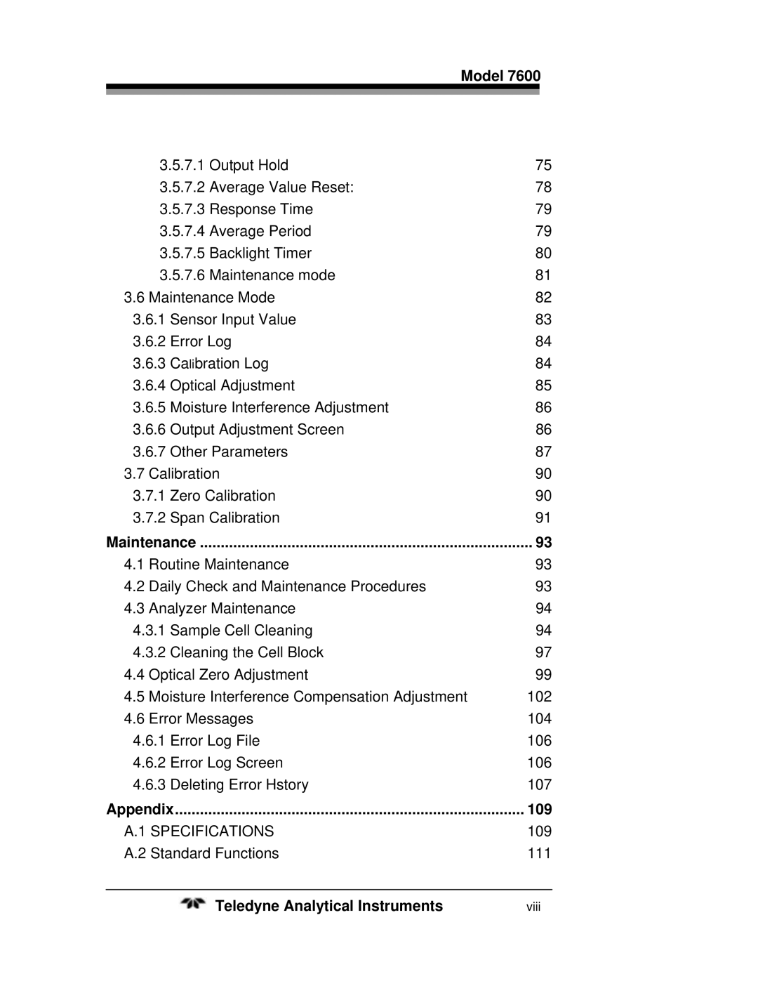 Teledyne 7600 operating instructions Appendix 109 