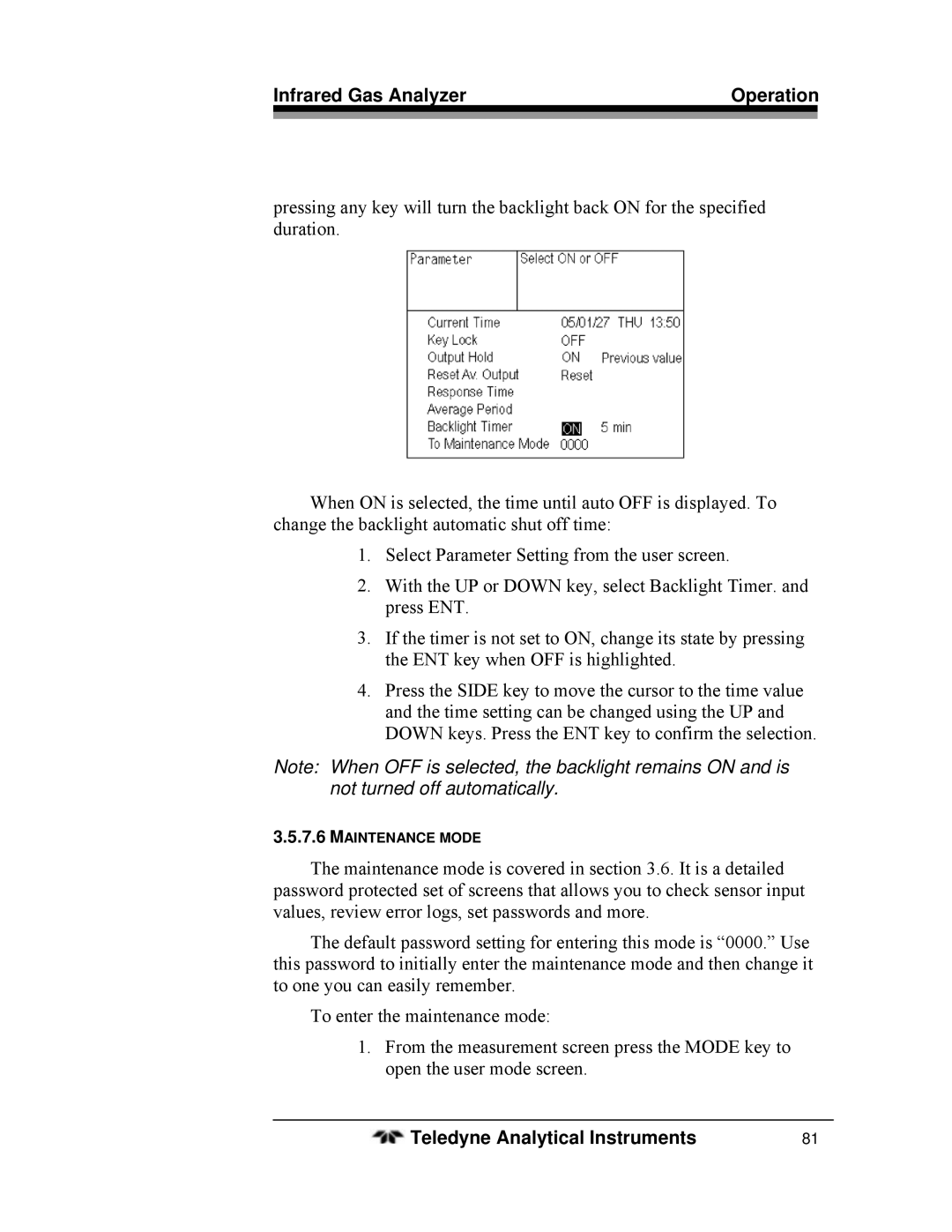 Teledyne 7600 operating instructions Maintenance Mode 