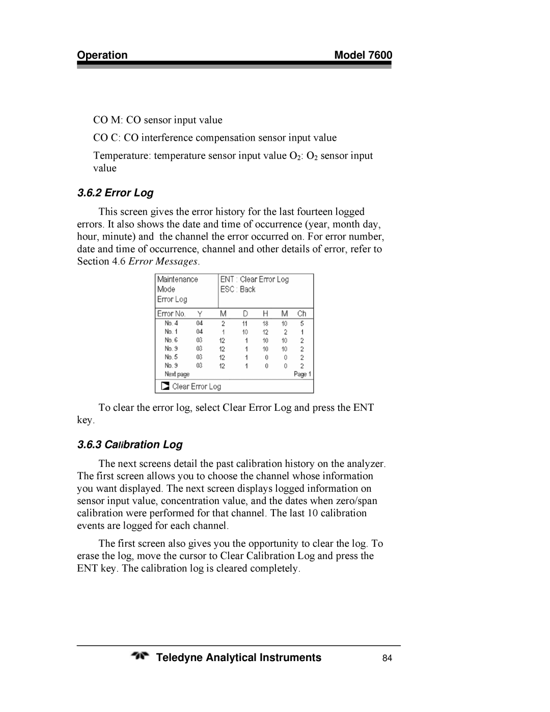 Teledyne 7600 operating instructions Error Log, Calibration Log 