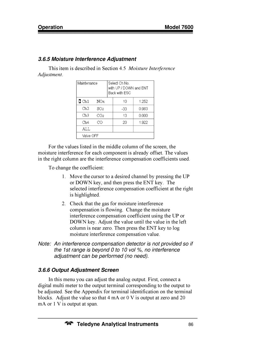 Teledyne 7600 operating instructions Moisture Interference Adjustment, Output Adjustment Screen 