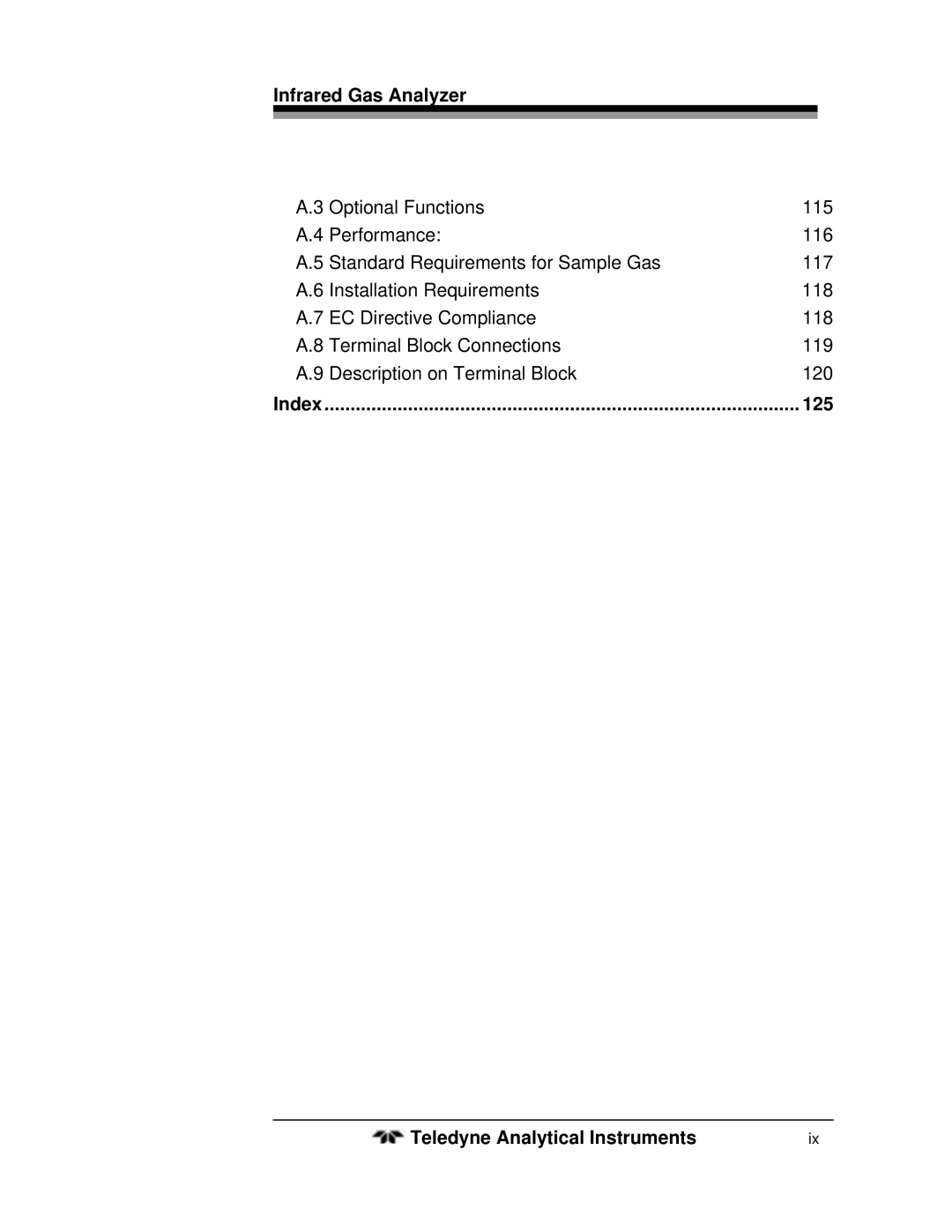 Teledyne 7600 operating instructions Index 125 Teledyne Analytical Instruments 