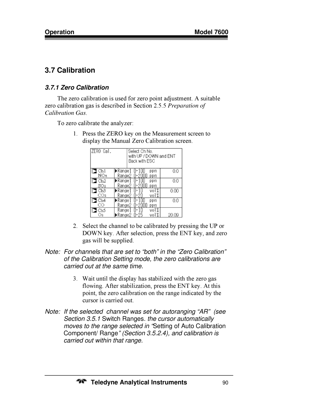 Teledyne 7600 operating instructions Zero Calibration 