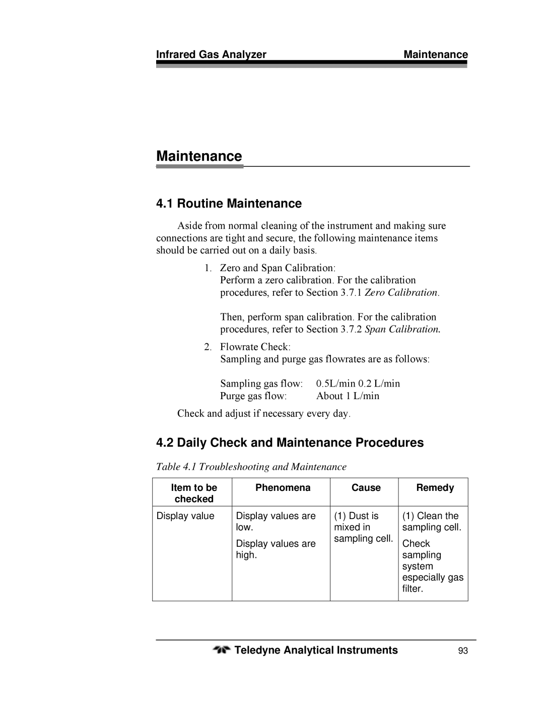 Teledyne 7600 operating instructions Routine Maintenance, Daily Check and Maintenance Procedures 