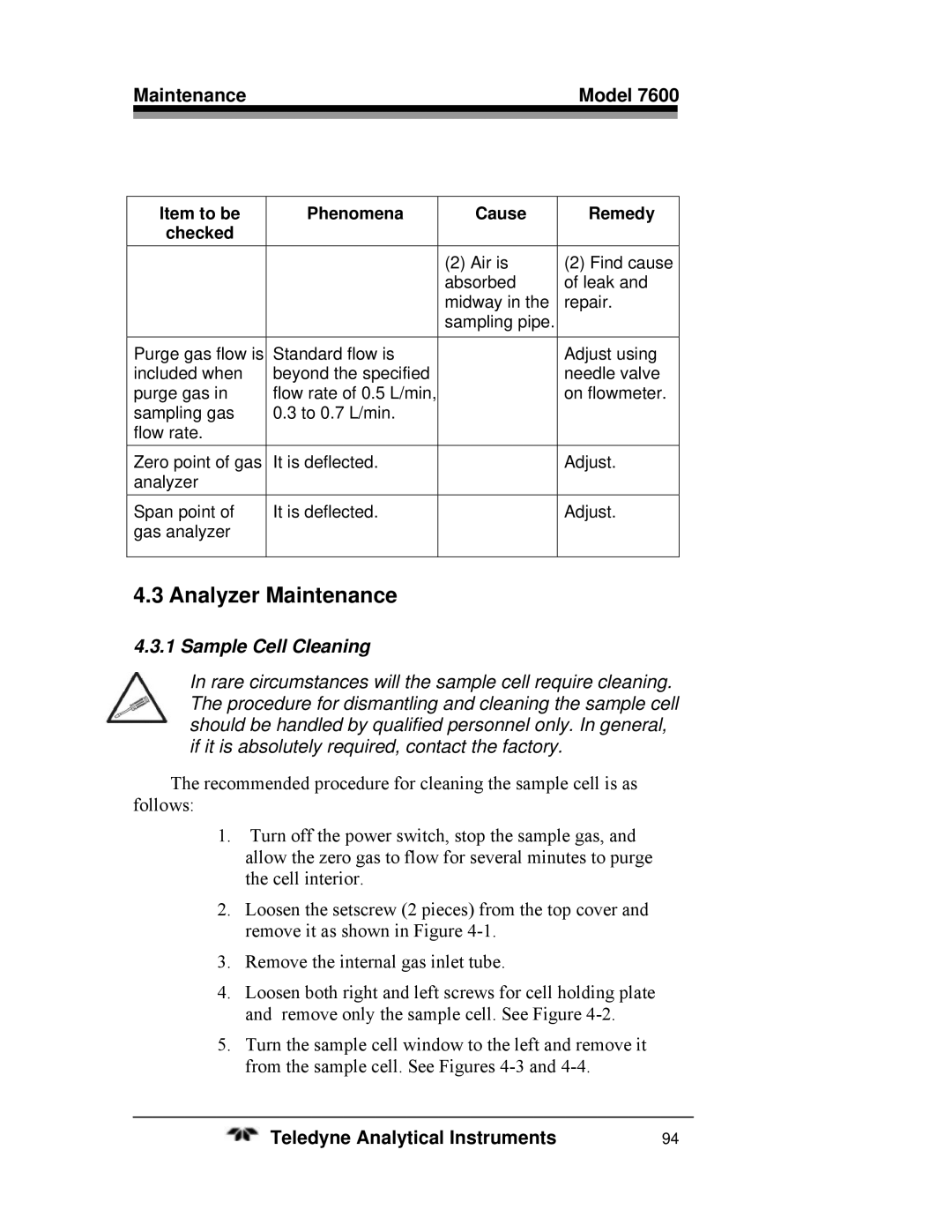 Teledyne 7600 operating instructions Analyzer Maintenance, Sample Cell Cleaning 