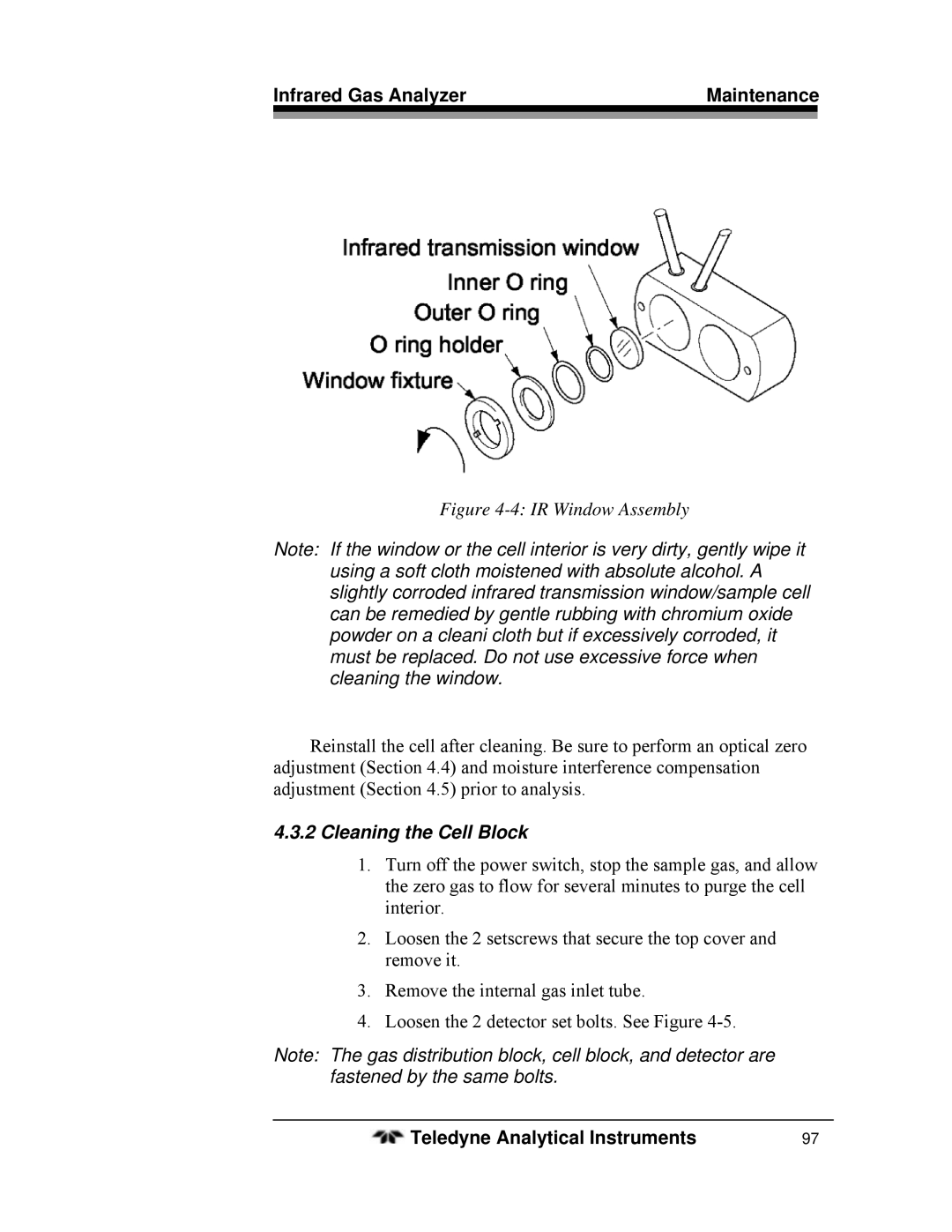 Teledyne 7600 operating instructions IR Window Assembly, Cleaning the Cell Block 