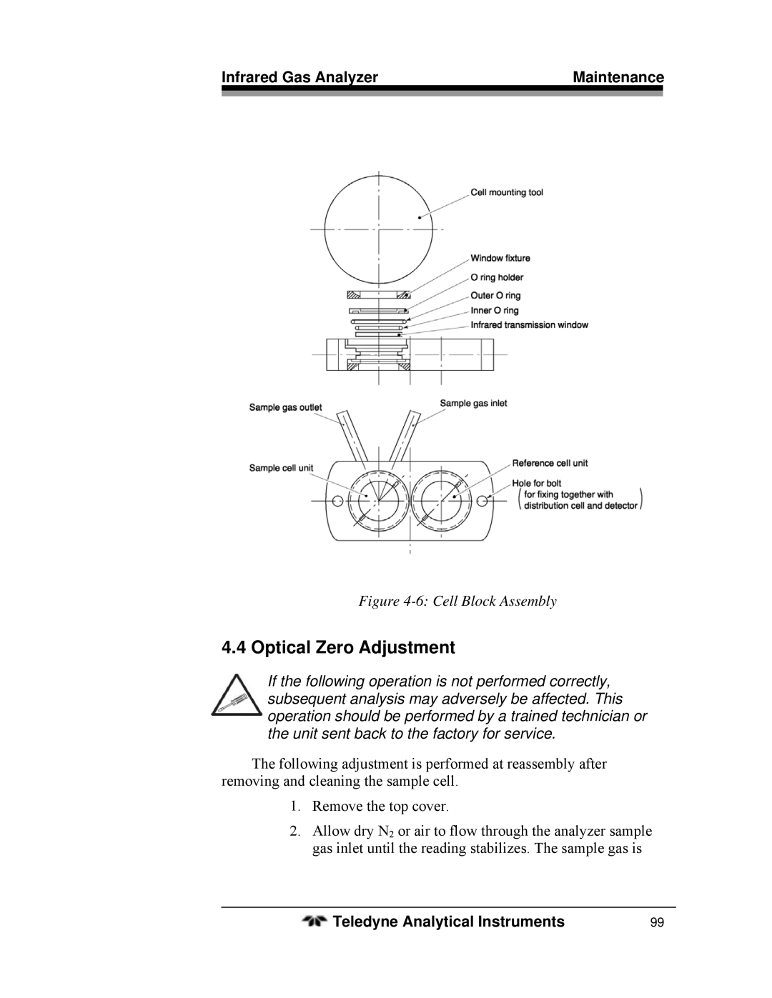 Teledyne 7600 operating instructions Optical Zero Adjustment, Cell Block Assembly 