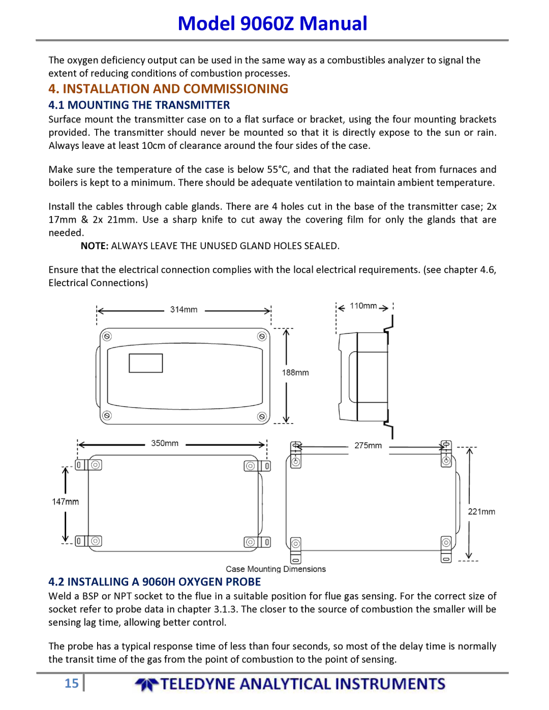Teledyne 9060Z manual Installation and Commissioning, Mounting the Transmitter, Installing a 9060H Oxygen Probe 