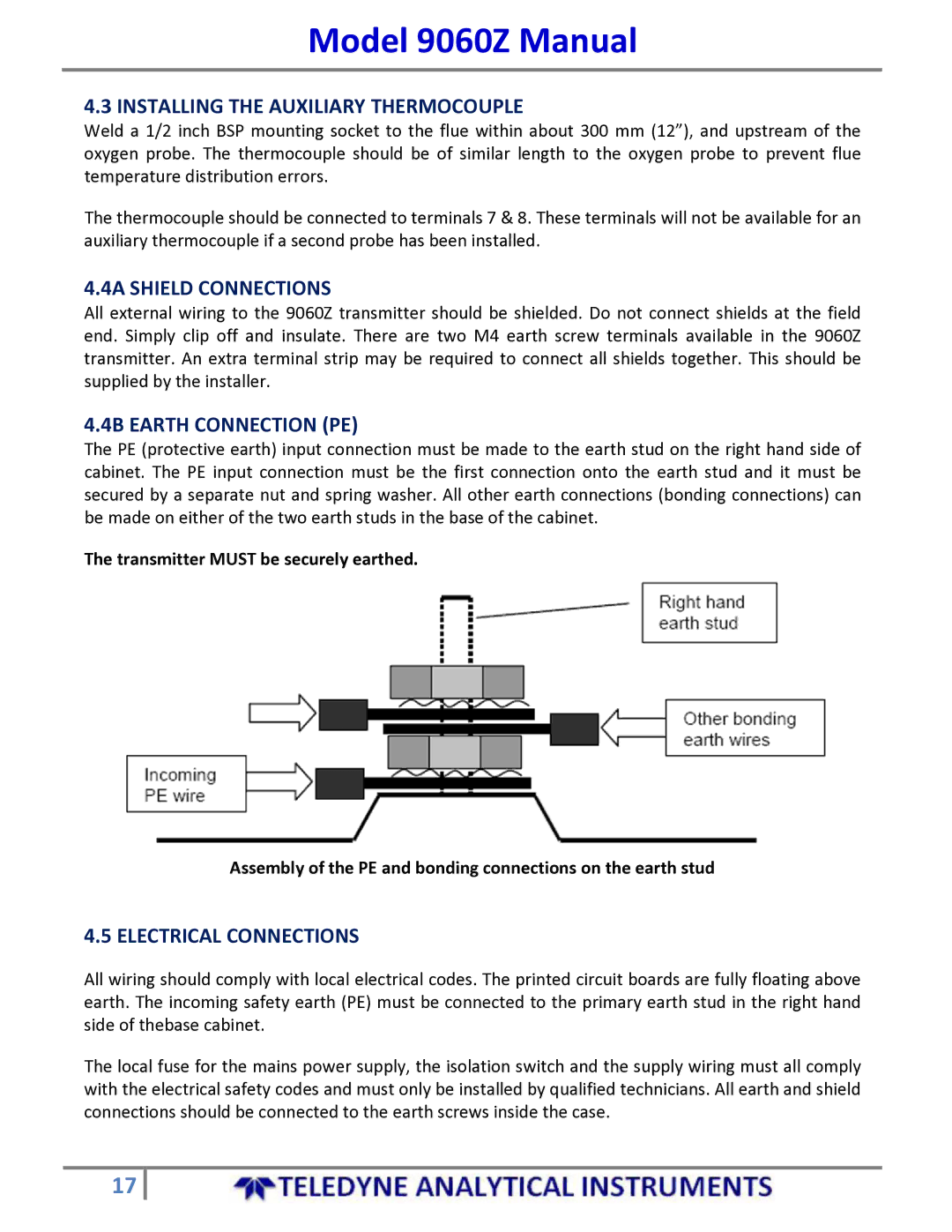 Teledyne 9060Z manual Installing the Auxiliary Thermocouple, 4A Shield Connections, 4B Earth Connection PE 