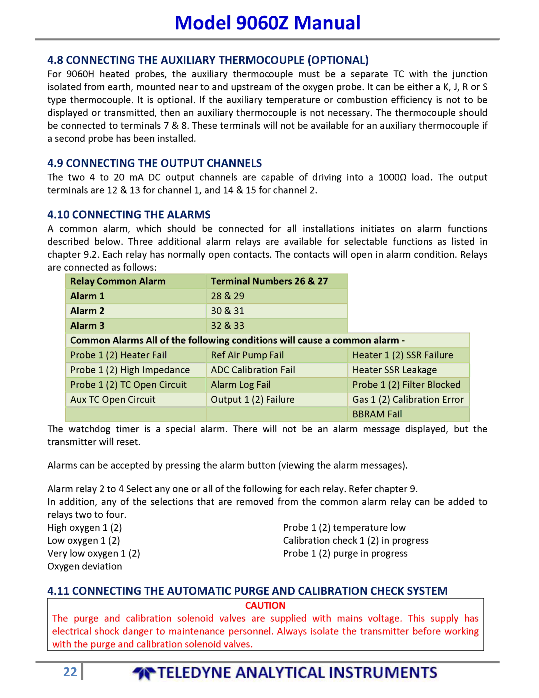 Teledyne 9060Z manual Connecting the Auxiliary Thermocouple Optional, Connecting the Output Channels, Connecting the Alarms 