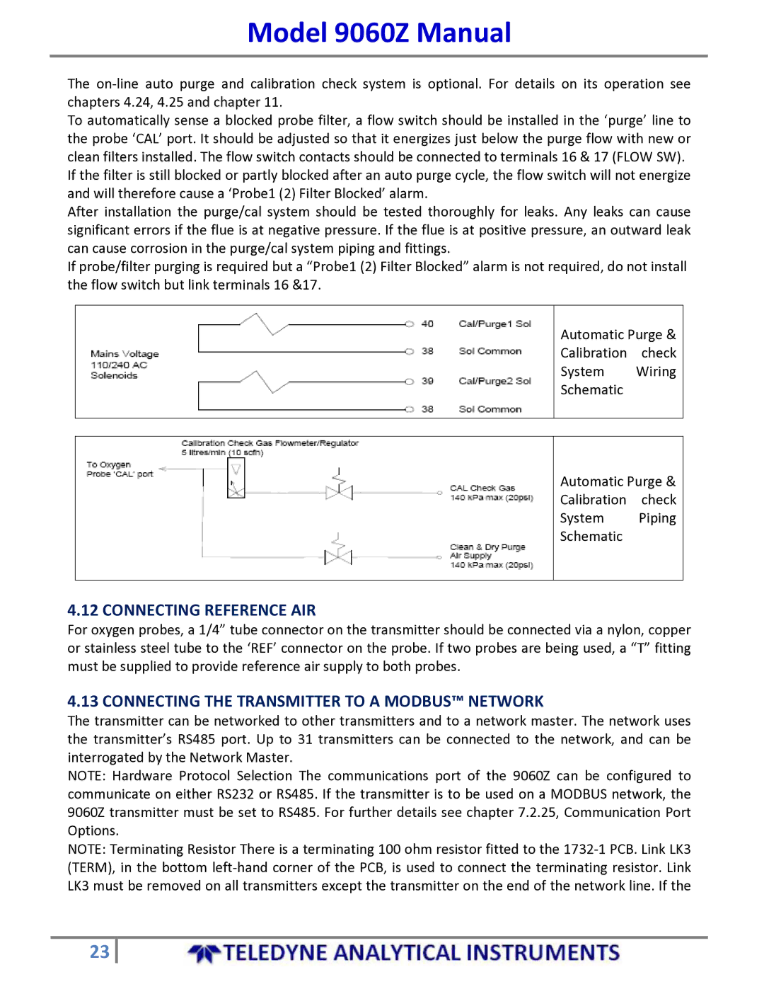 Teledyne 9060Z manual Connecting Reference AIR, Connecting the Transmitter to a Modbus Network 