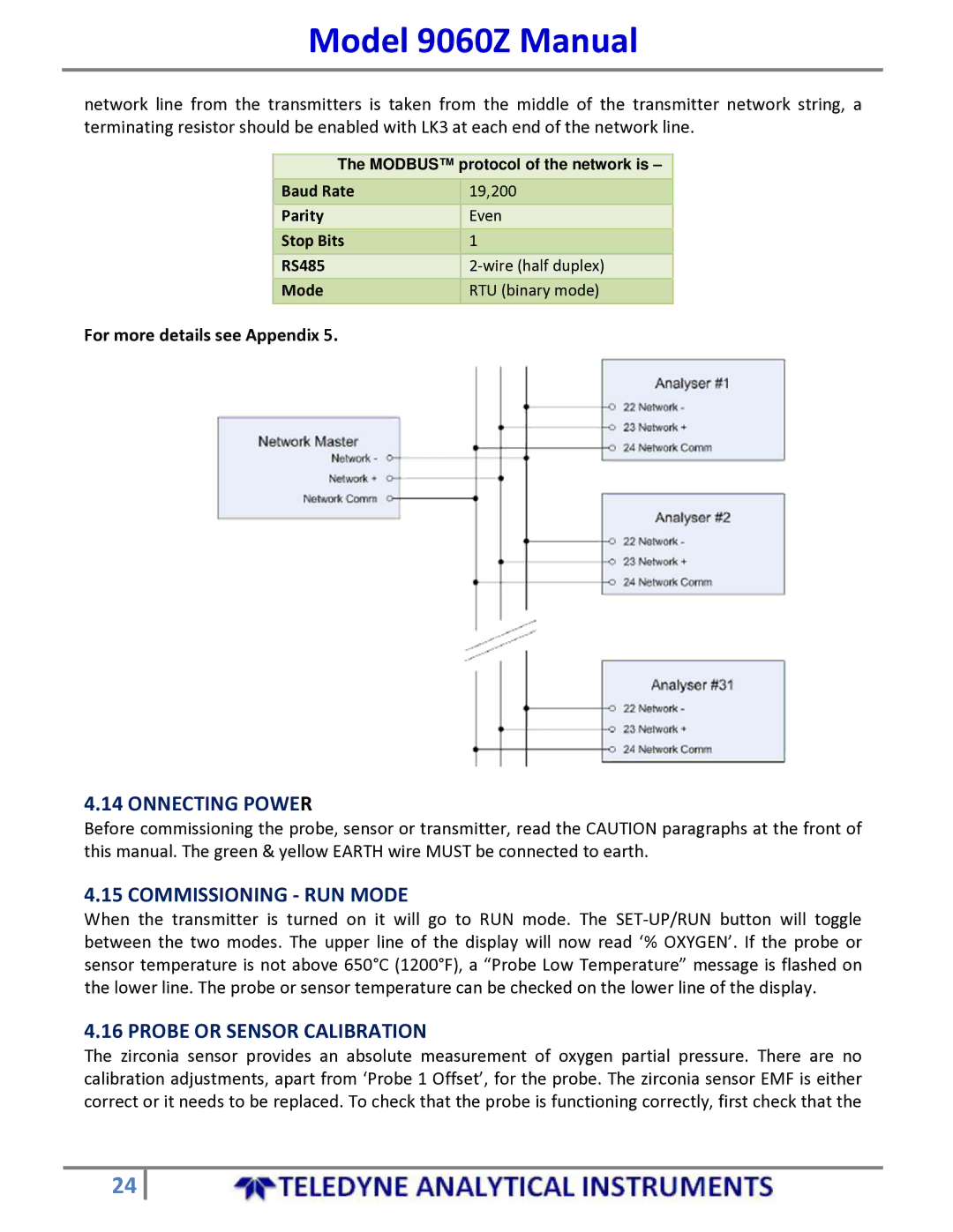 Teledyne 9060Z manual Onnecting Power, Commissioning ‐ RUN Mode, Probe or Sensor Calibration, For more details see Appendix 