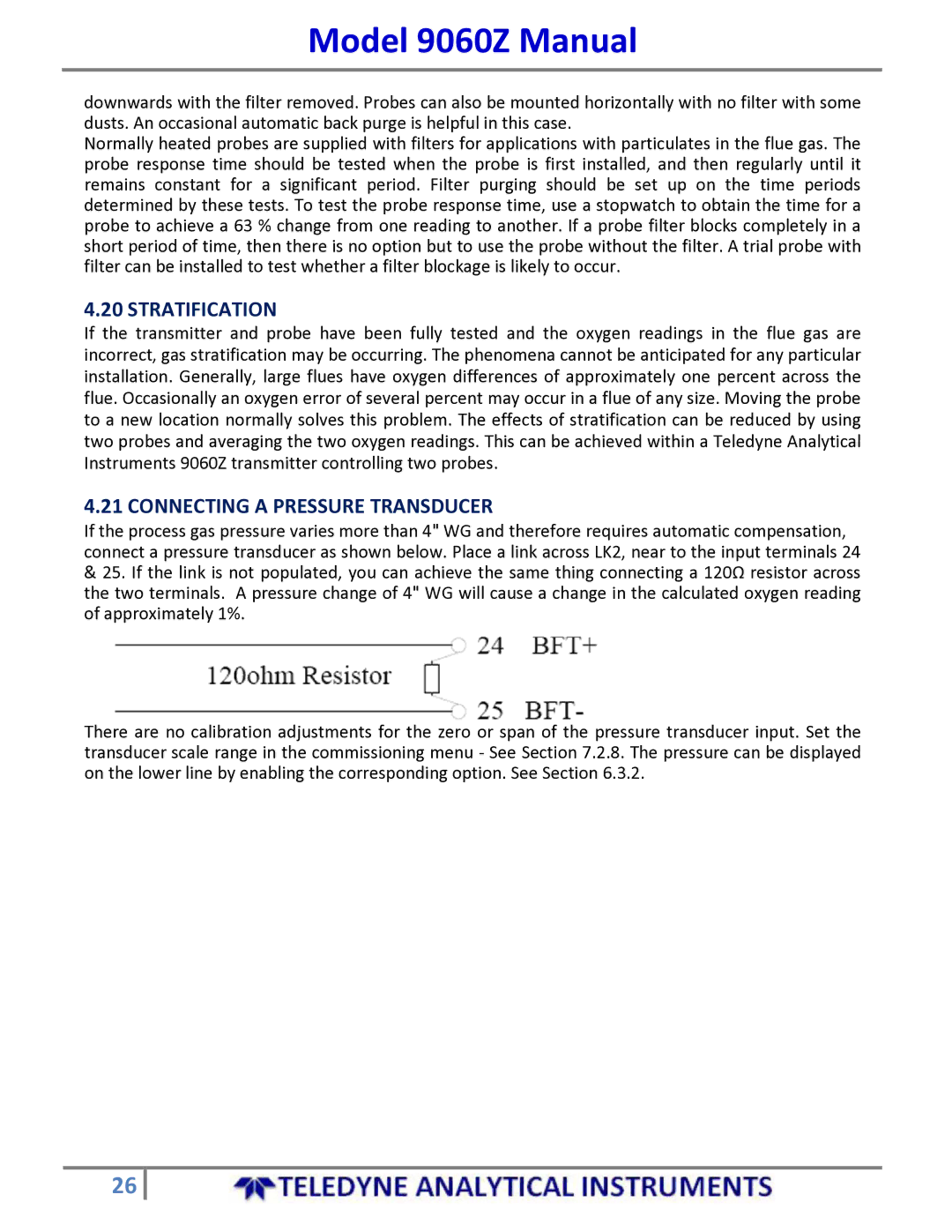 Teledyne 9060Z manual Stratification, Connecting a Pressure Transducer 