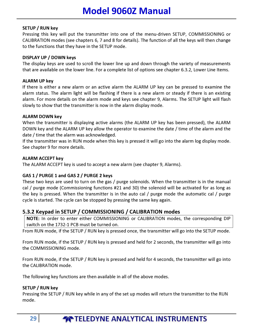 Teledyne 9060Z manual Keypad in Setup / Commissioning / Calibration modes 
