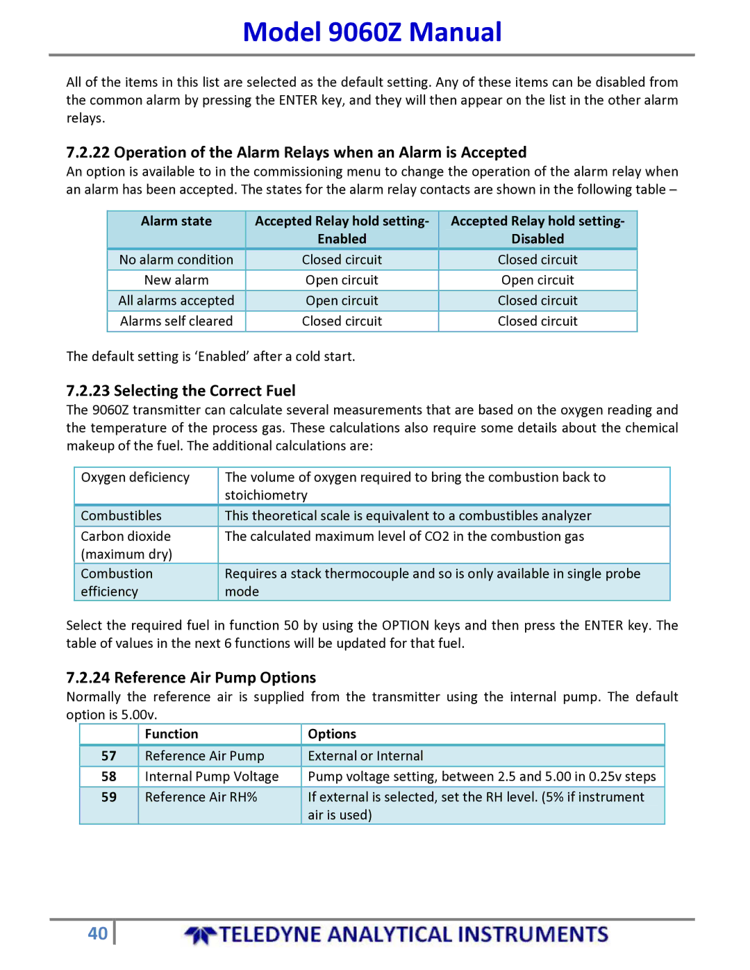 Teledyne 9060Z manual Operation of the Alarm Relays when an Alarm is Accepted, Selecting the Correct Fuel, Function Options 