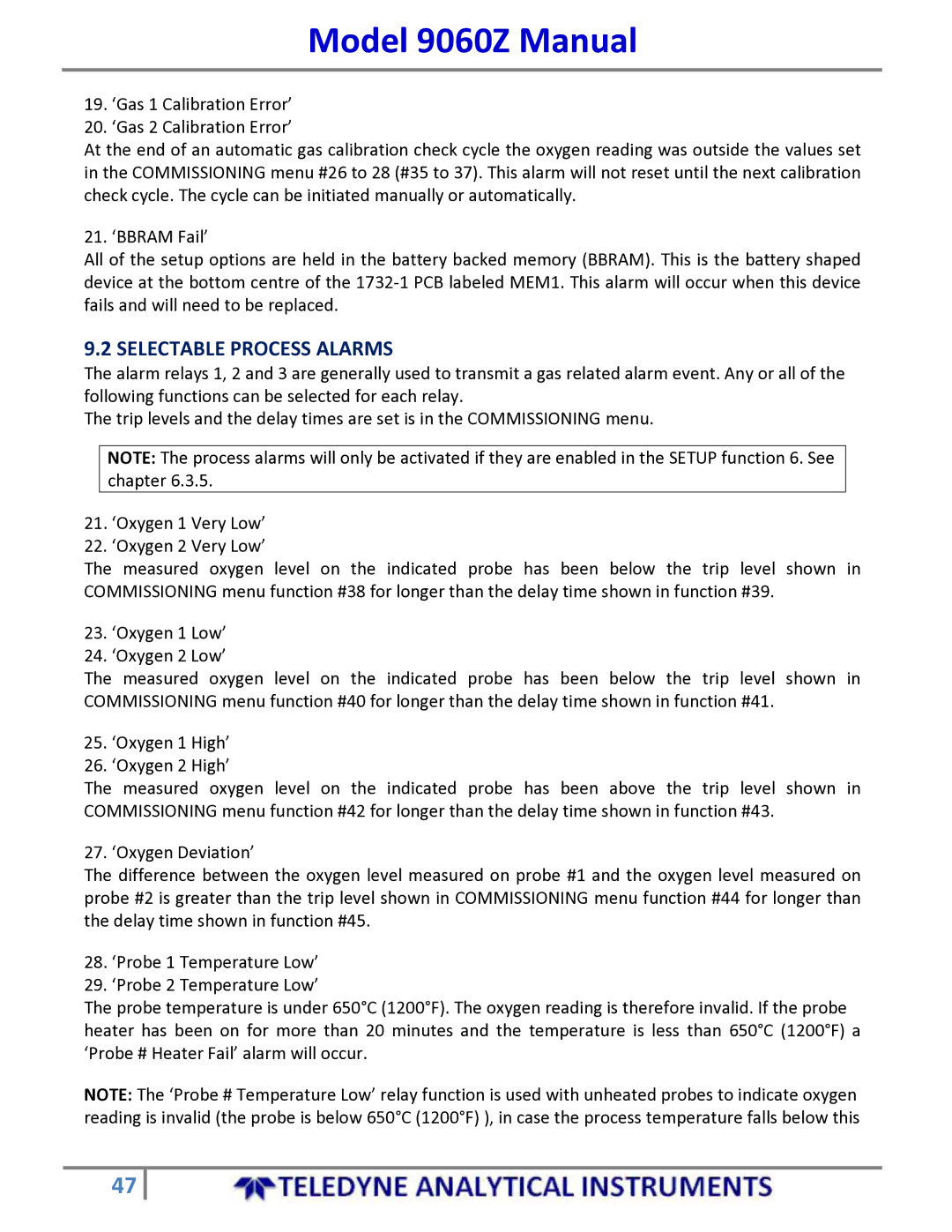 Teledyne 9060Z manual Selectable Process Alarms 