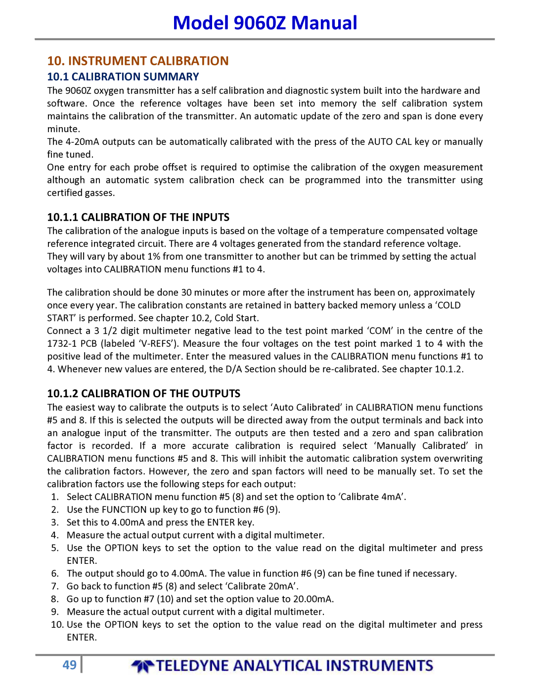 Teledyne 9060Z manual Instrument Calibration, Calibration Summary 