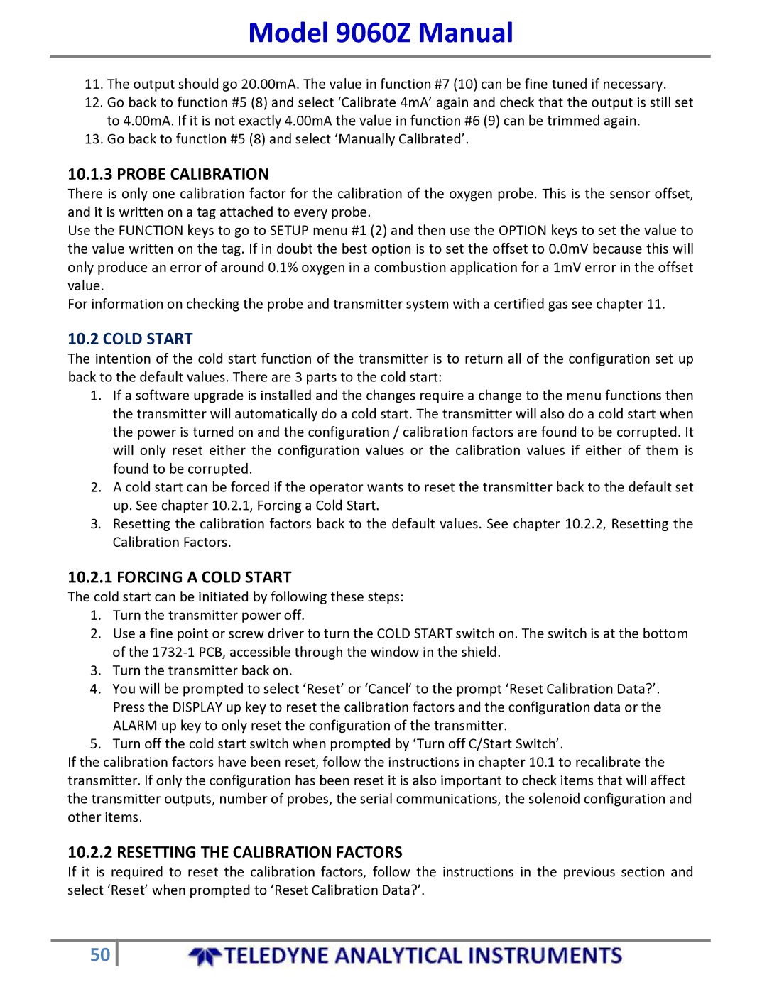 Teledyne 9060Z manual Probe Calibration, Cold Start 
