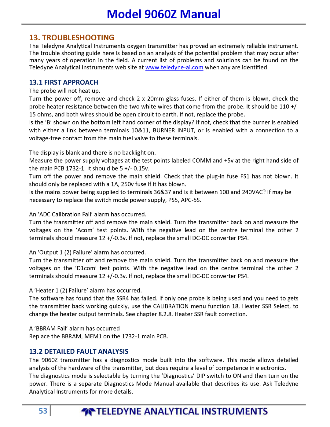 Teledyne 9060Z manual Troubleshooting, First Approach, Detailed Fault Analysis 