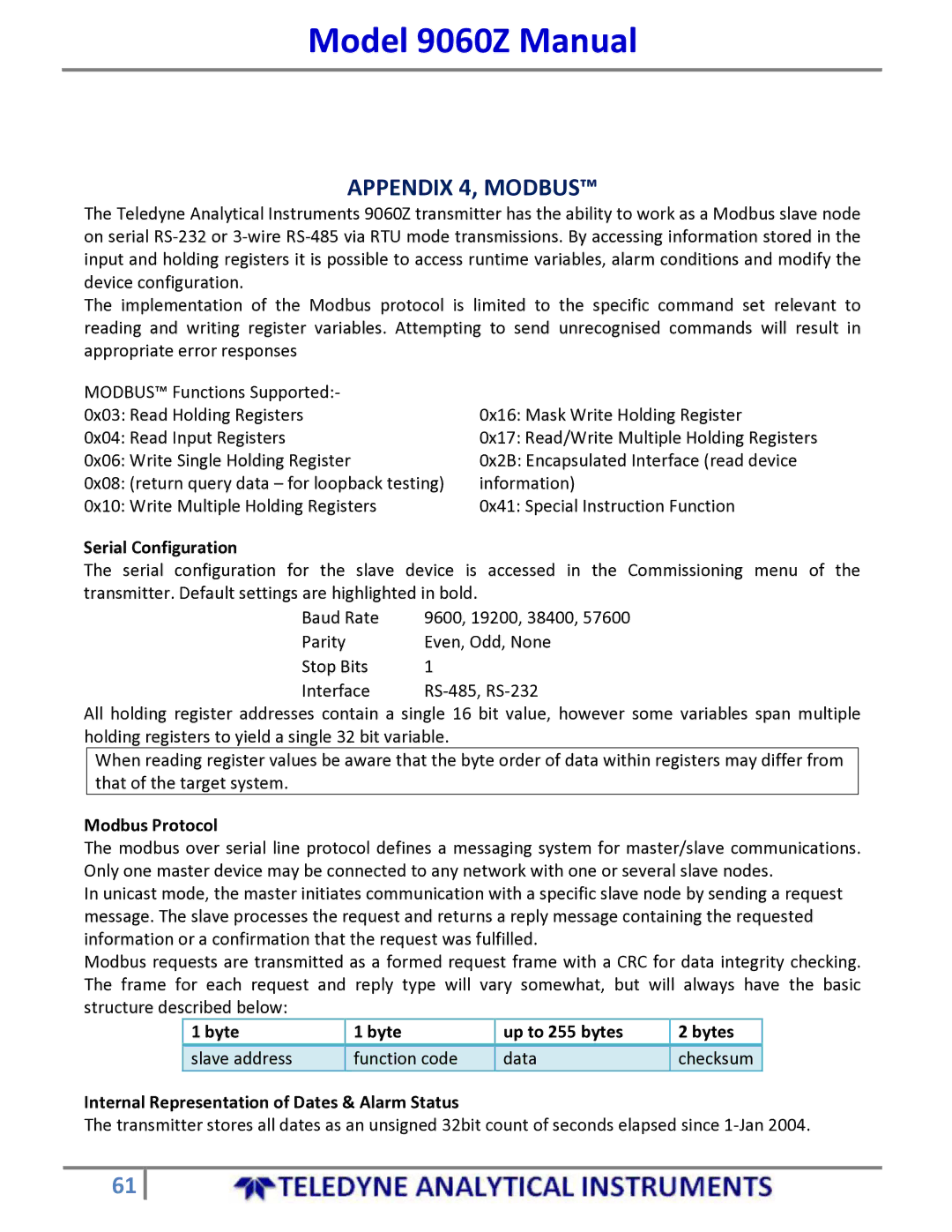 Teledyne 9060Z manual Serial Configuration, Modbus Protocol 