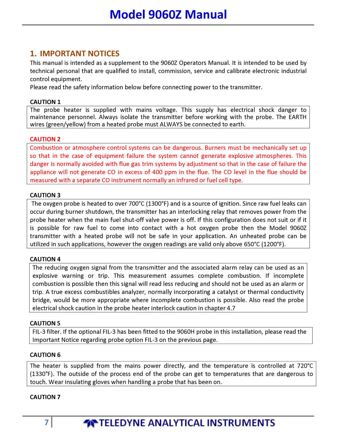 Teledyne 9060Z manual Important Notices 