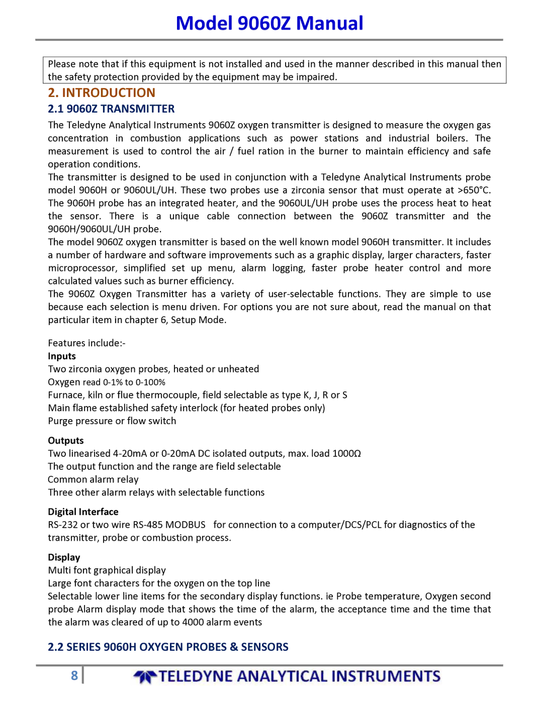 Teledyne manual Introduction, 9060Z Transmitter, Series 9060H Oxygen Probes & Sensors 