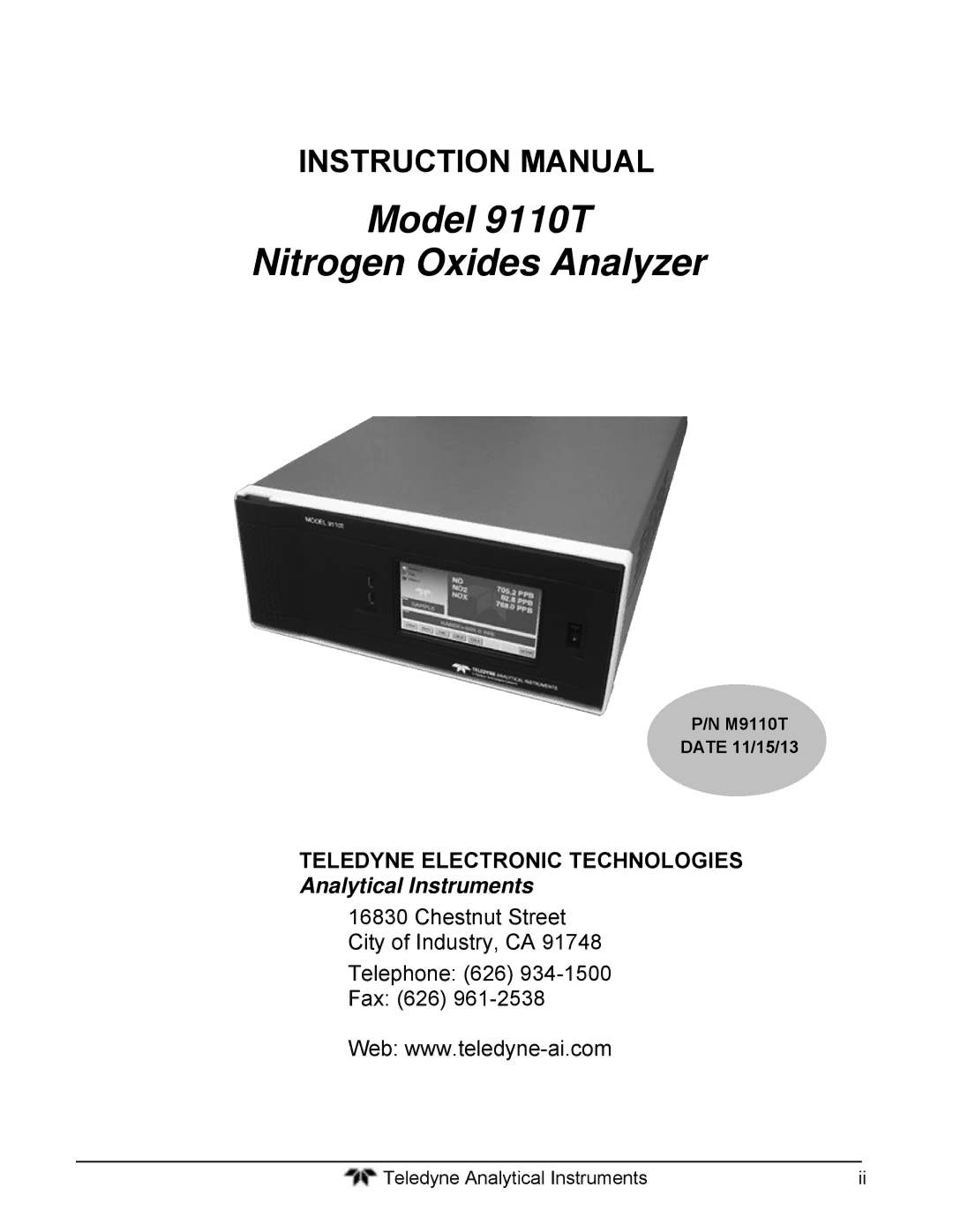 Teledyne instruction manual Teledyne Electronic Technologies, M9110T Date 11/15/13 