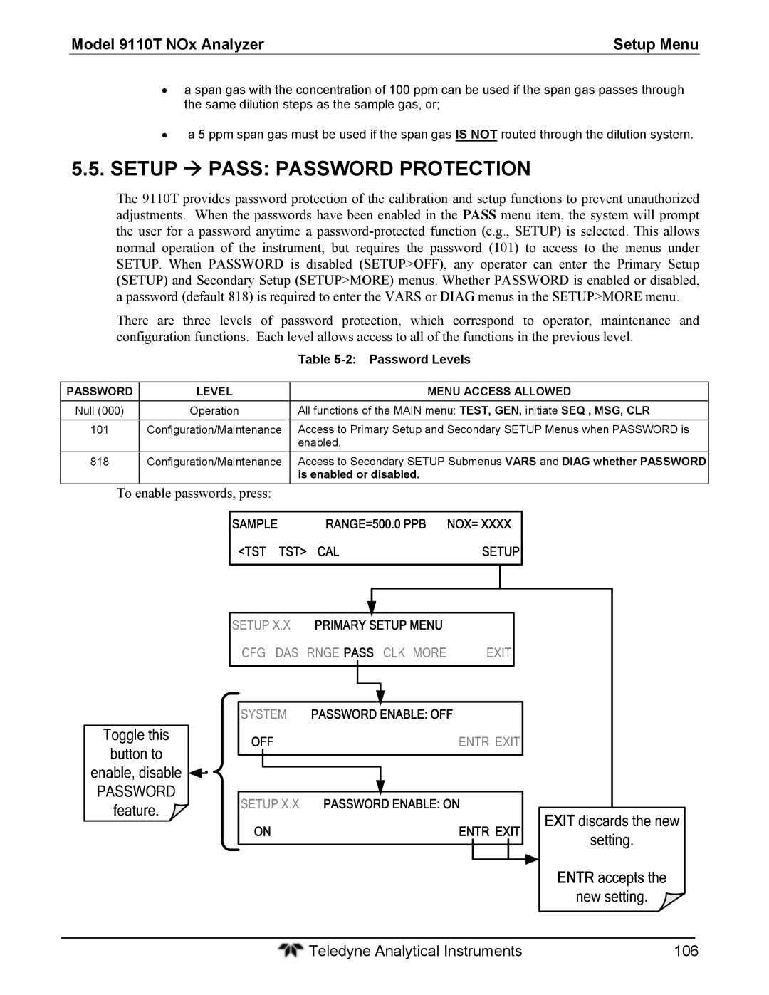 Teledyne 9110T Setup  Pass Password Protection, To enable passwords, press, Password Levels, Menu Access Allowed 