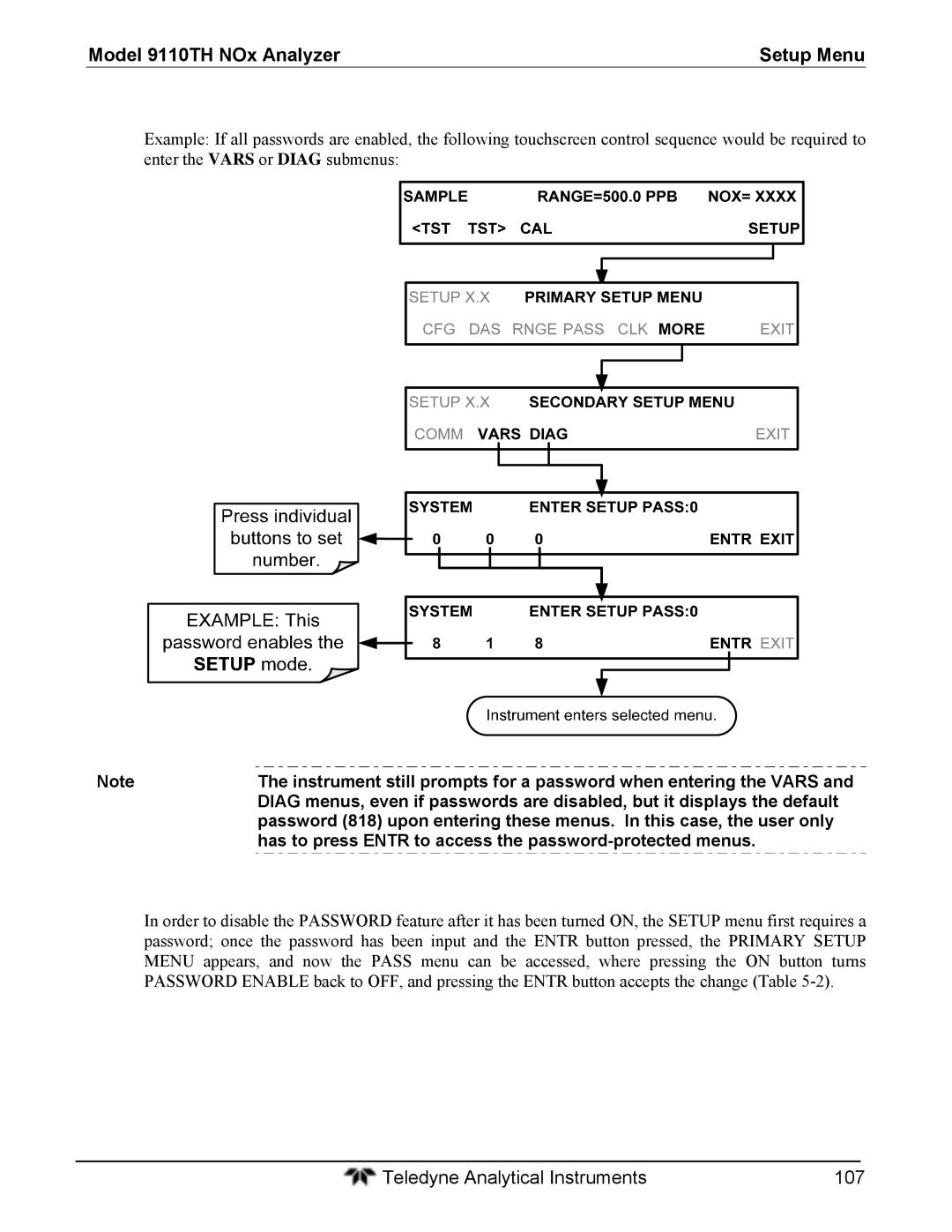 Teledyne 9110T instruction manual Has to press Entr to access the password-protected menus 