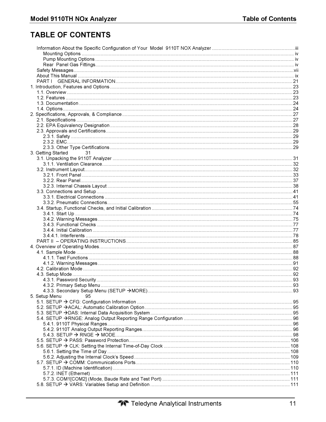 Teledyne 9110T instruction manual Table of Contents 