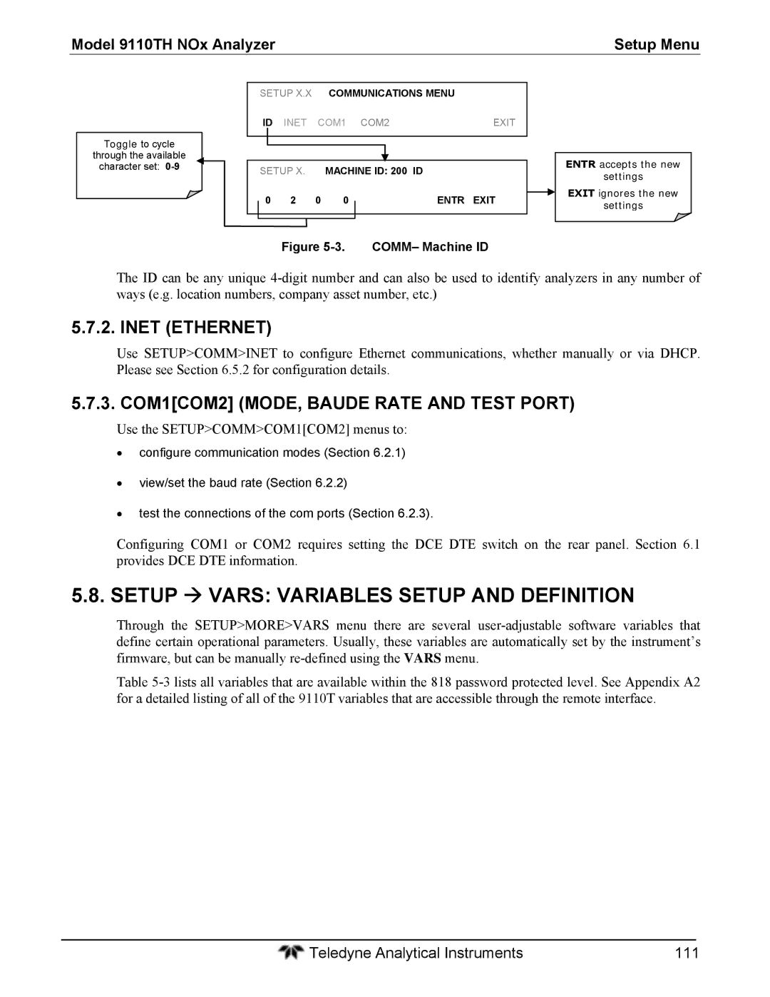 Teledyne 9110T Setup  Vars Variables Setup and Definition, Inet Ethernet, COM1COM2 MODE, Baude Rate and Test Port 