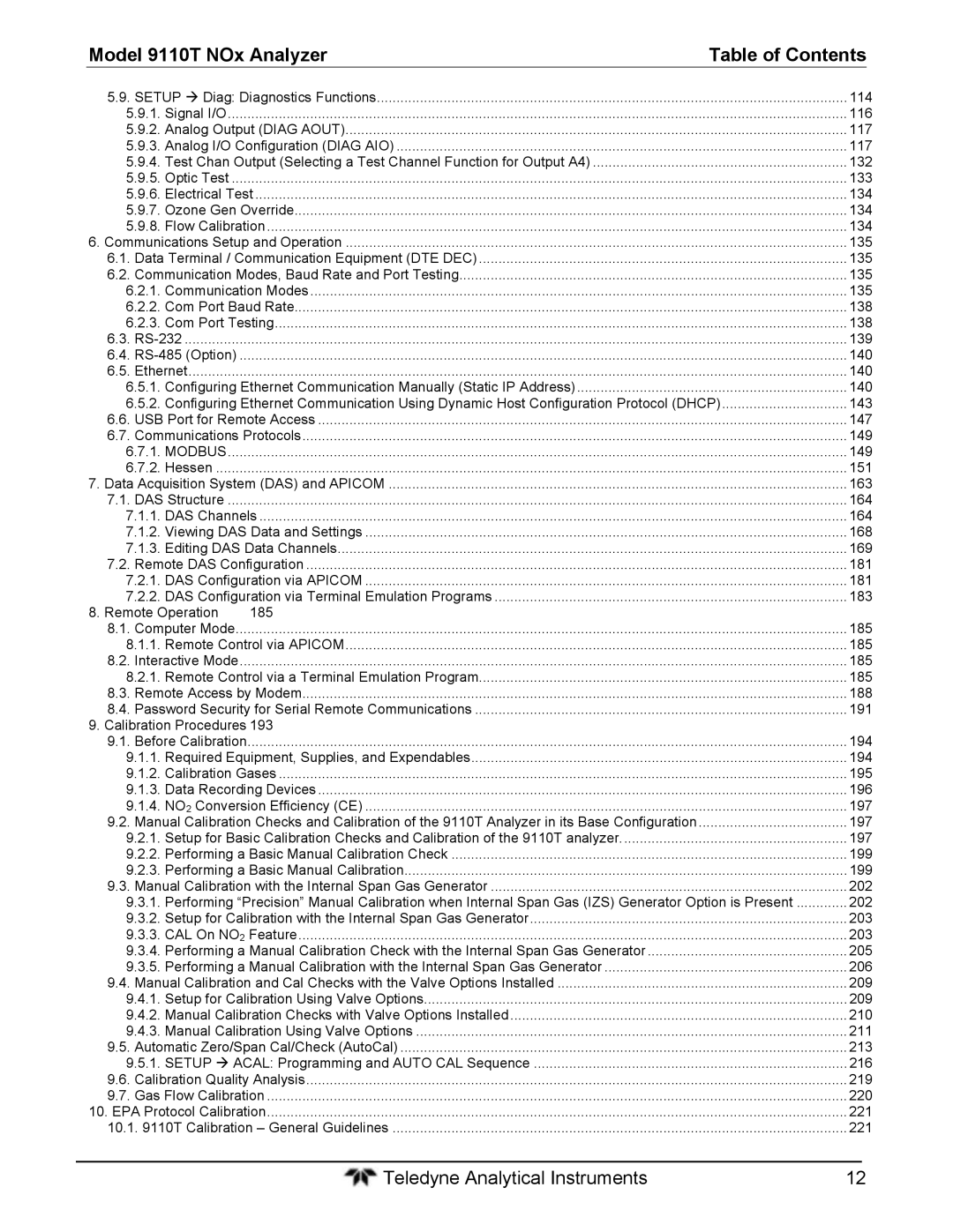 Teledyne instruction manual Model 9110T NOx Analyzer Table of Contents 