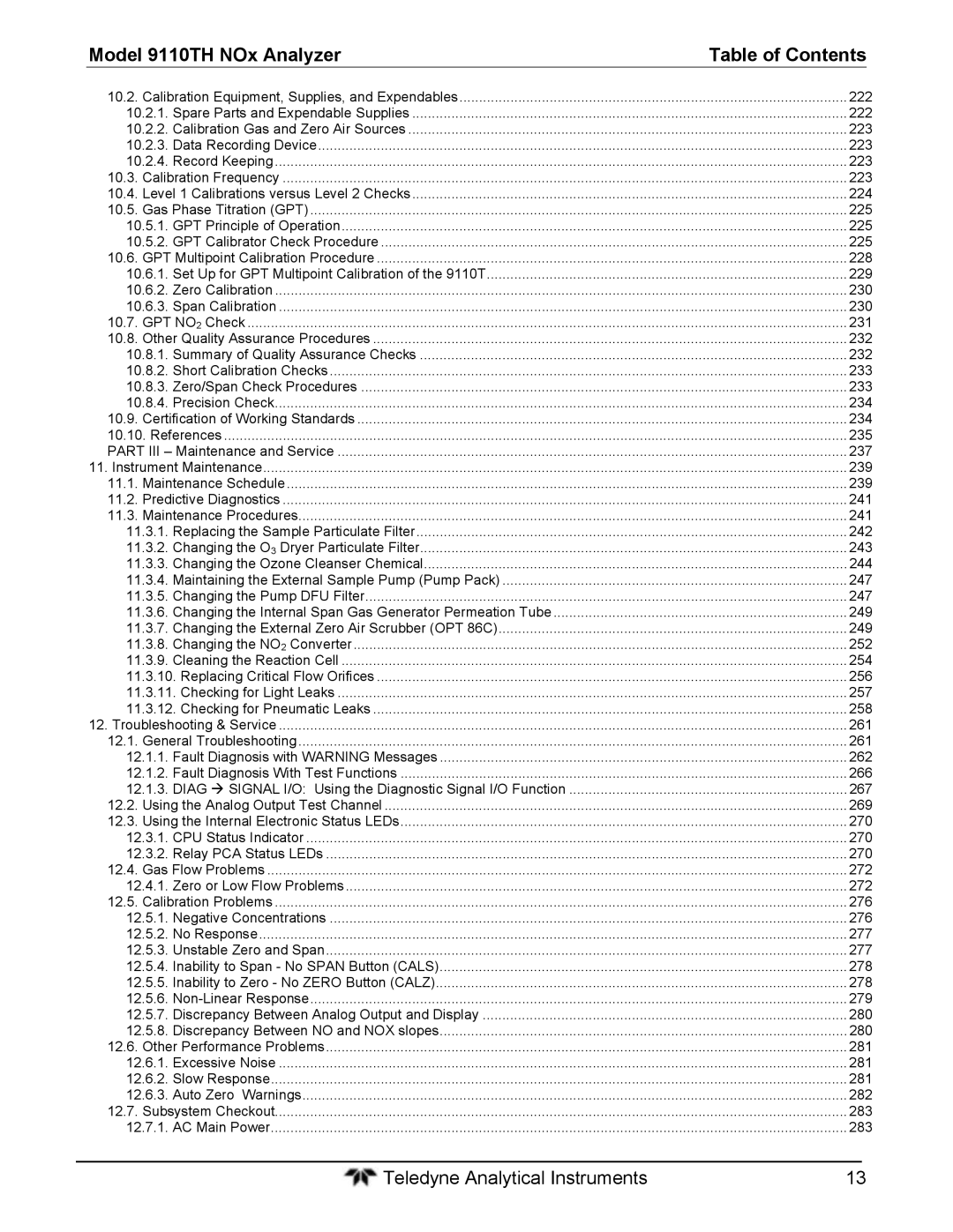 Teledyne instruction manual Model 9110TH NOx Analyzer Table of Contents 