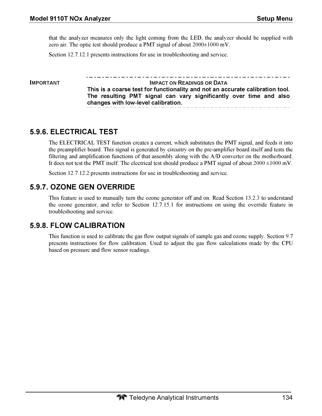 Teledyne 9110T instruction manual Electrical Test, Ozone GEN Override, Flow Calibration, Changes with low-level calibration 