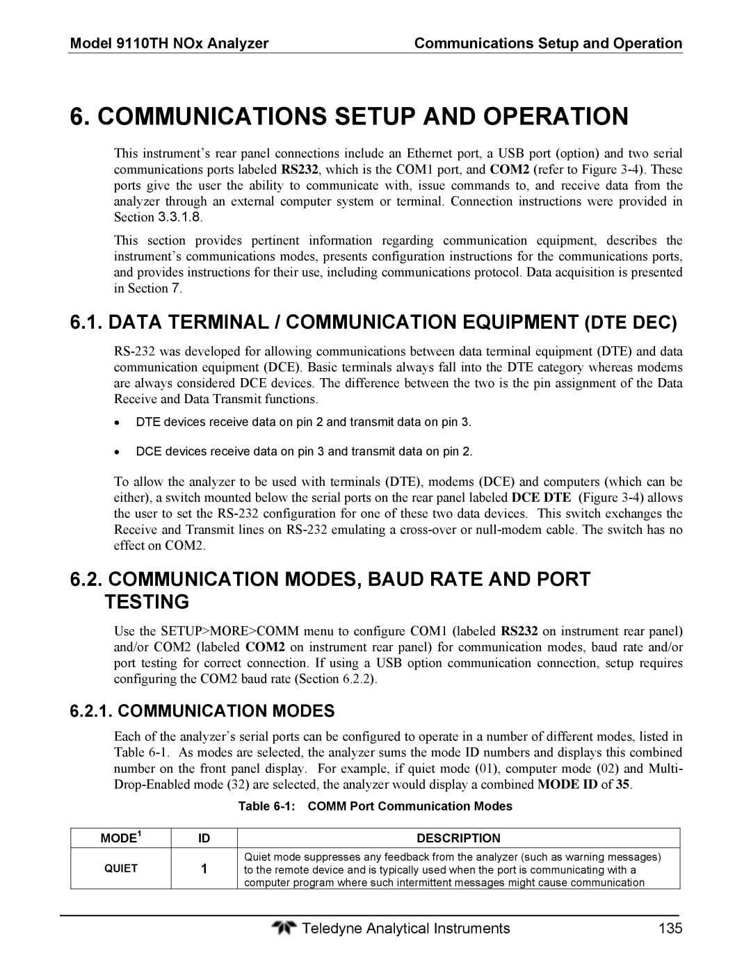 Teledyne 9110T Data Terminal / Communication Equipment DTE DEC, Communication MODES, Baud Rate and Port Testing, MODE1 